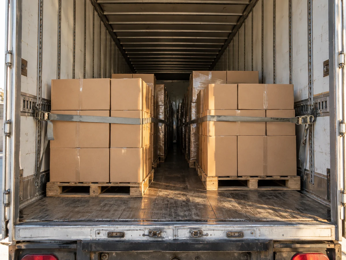Illustrative view into an open freight trailer containing secured palletized cargo.