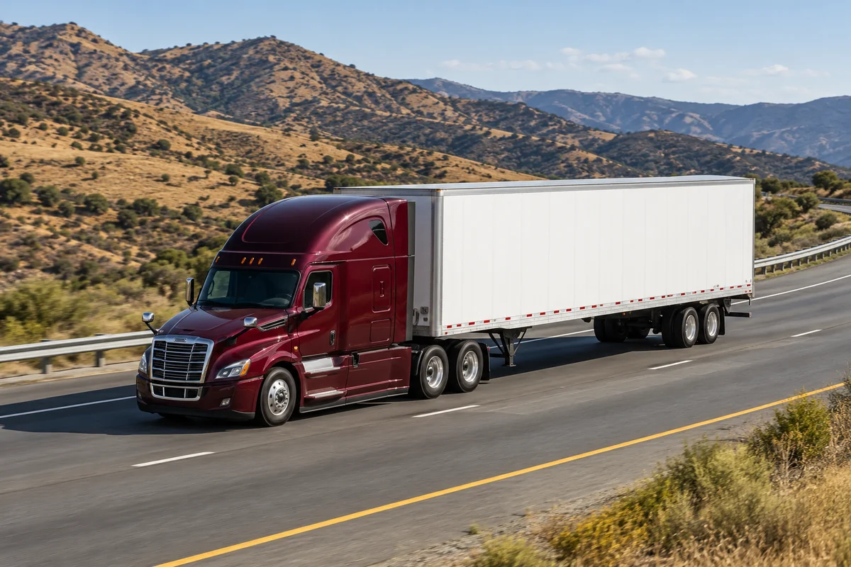 Illustrative maroon American semi-truck and white trailer on a sunlit highway.