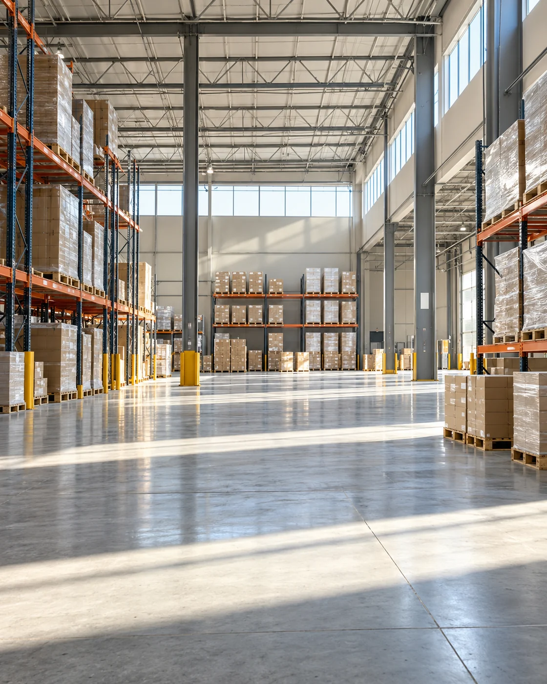 Illustrative sunlit distribution warehouse with open floor space, racks, and palletized cartons.